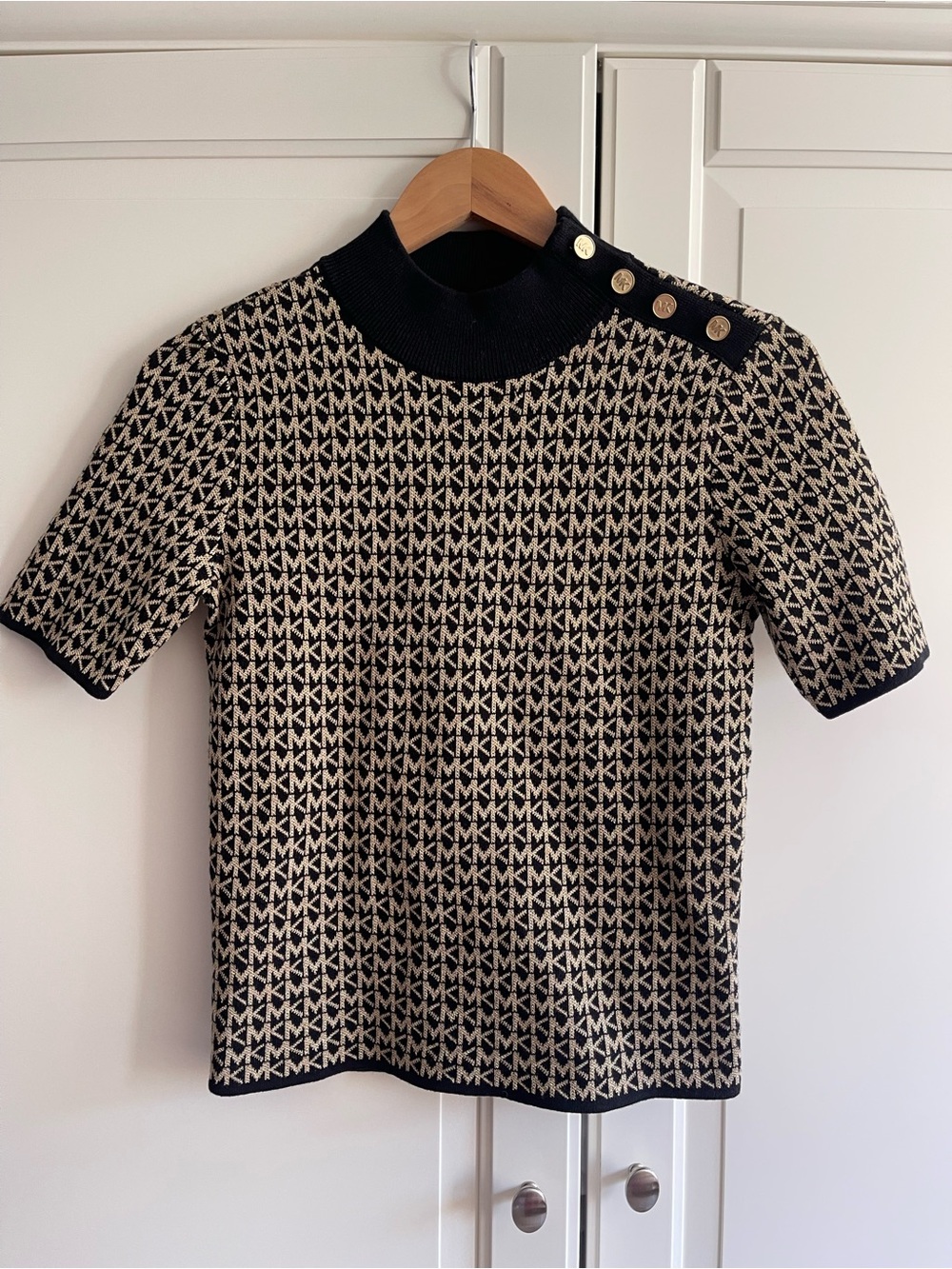 Michael Kors Black & Gold Monogtam Knit Turtleneck with Gold Buttons